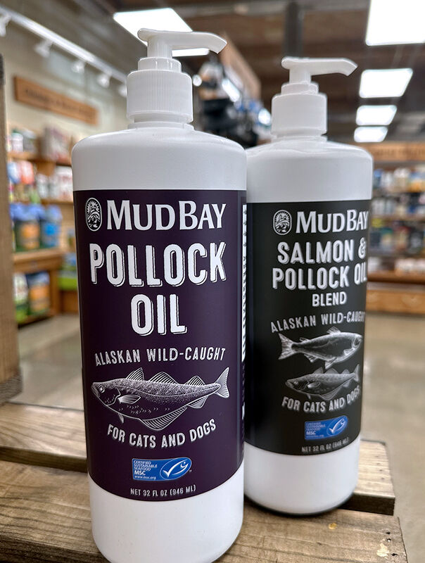 bottles of Mud Bay Salmon & Pollock Oil and Pollock Oil in store